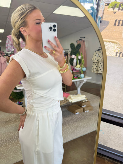 Sky Crossover Top & Wide Leg Pants Set - Off White