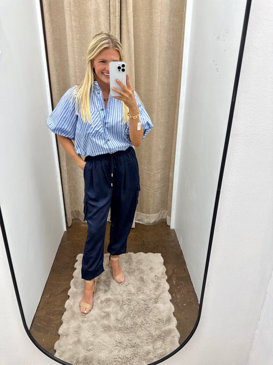 Stripe Poplin Bubble Sleeve Top