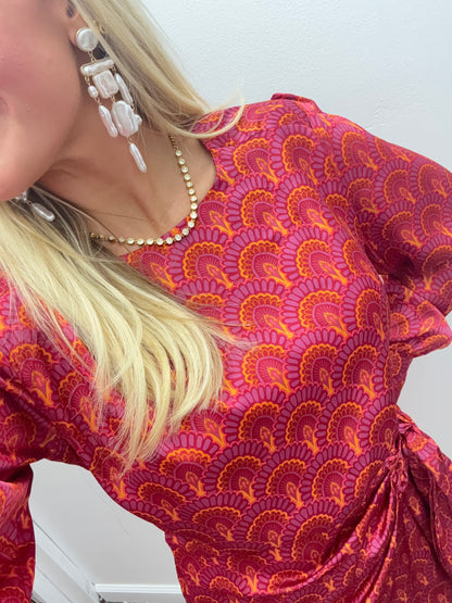 Vintage Fan Satin Wrap Dress