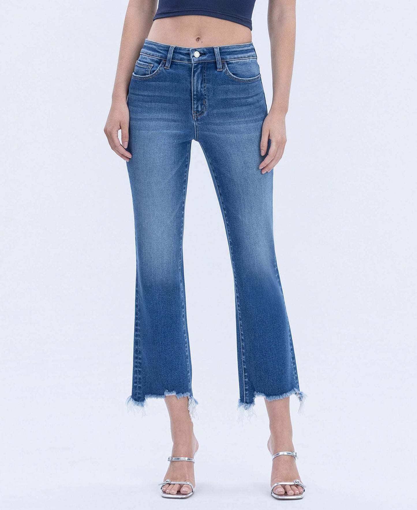 HIGH RISE DISTRESSED HEM KICK FLARE JEANS T7036