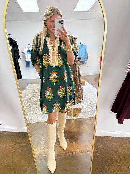 Floral Print V-Neck Striped Detail Dress