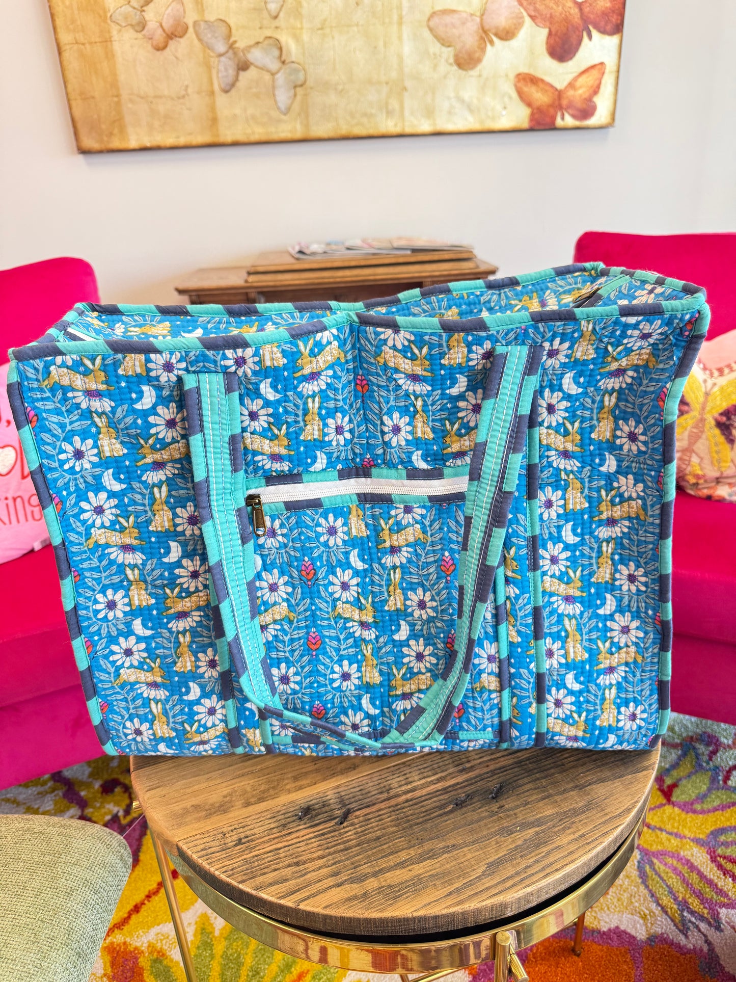 Large Quilted Tote Bag - Blue Contrast Flowers