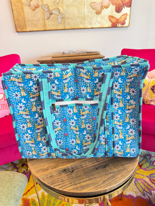 Large Quilted Tote Bag - Blue Contrast Flowers
