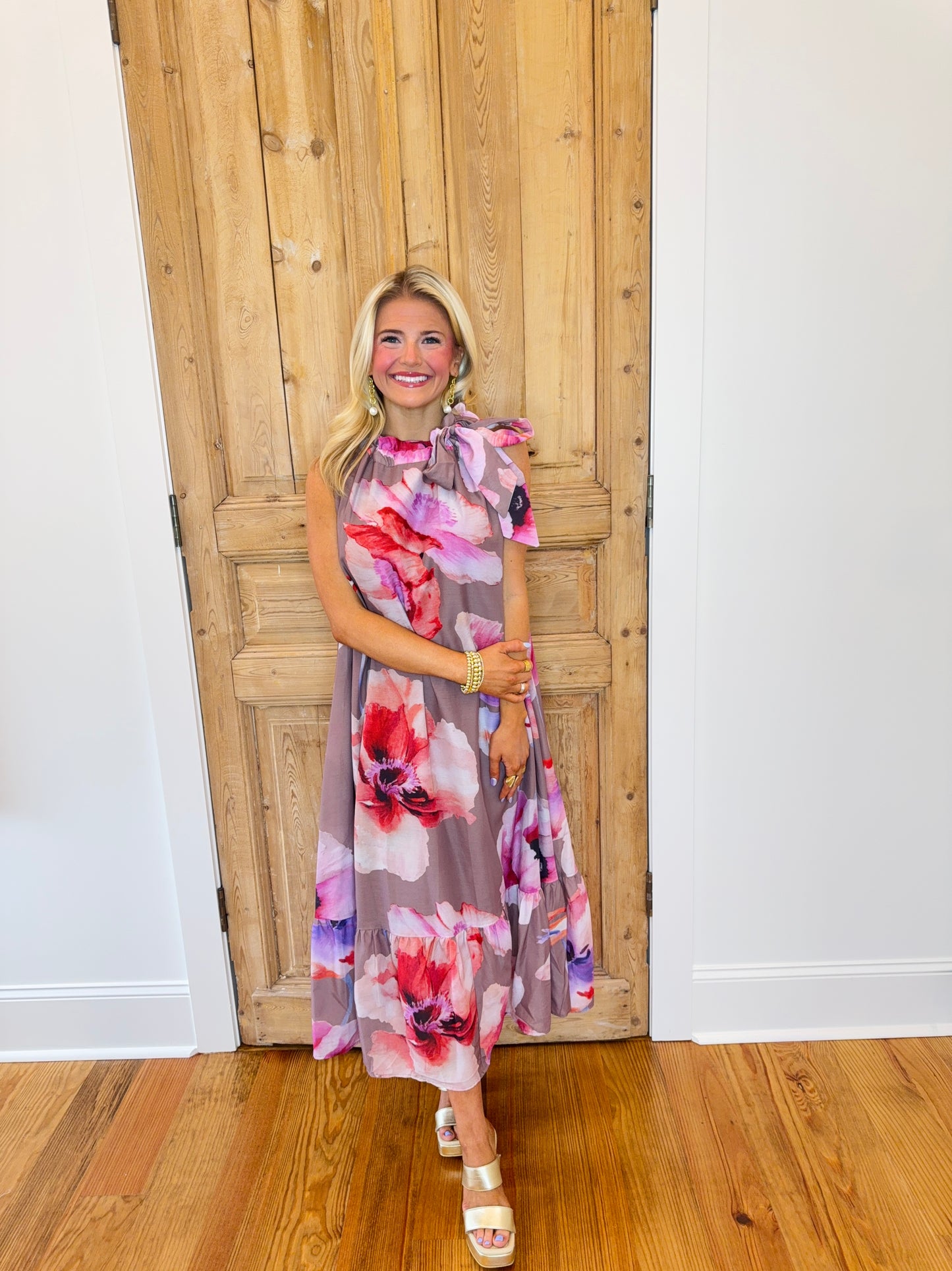 Reece Tie Neck Floral Midi Dress - Mauve