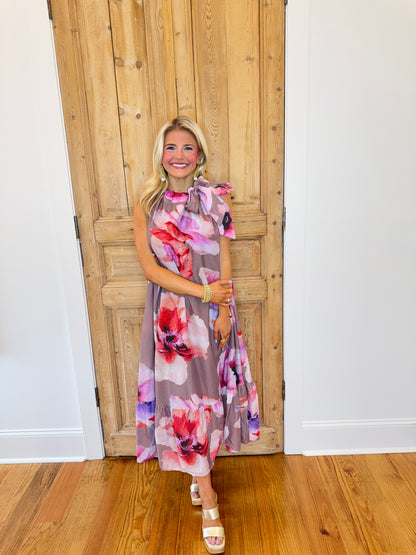Reece Tie Neck Floral Midi Dress - Mauve