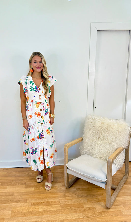 Toucan & Fruit Vneck Maxi Dress