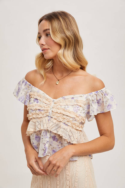 FLORAL PRINT RUFFLE with LACE TRIM- SKIRT SET