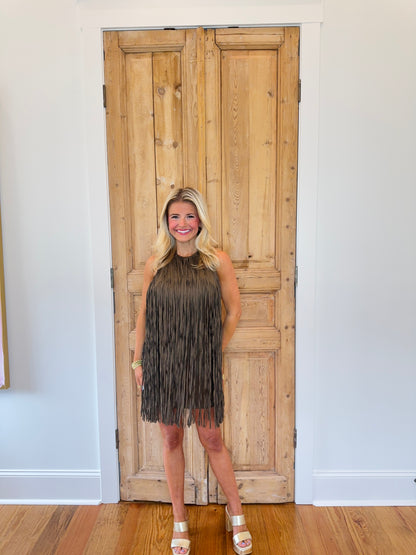 Sam Fringe Suede Mini Dress - Olive