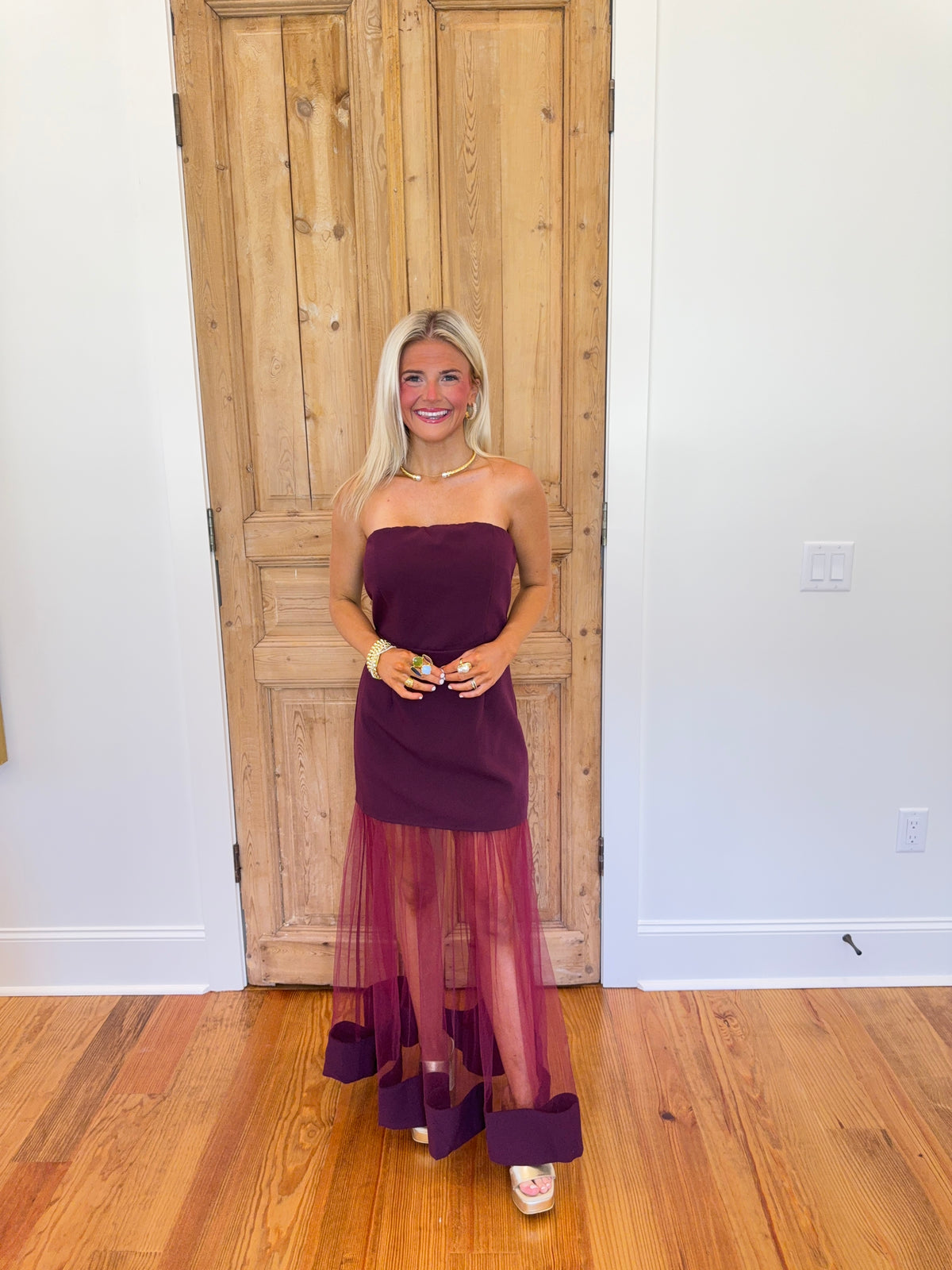 Erin Contrast Sheer Tulle Skirt Panel Strapless Dress