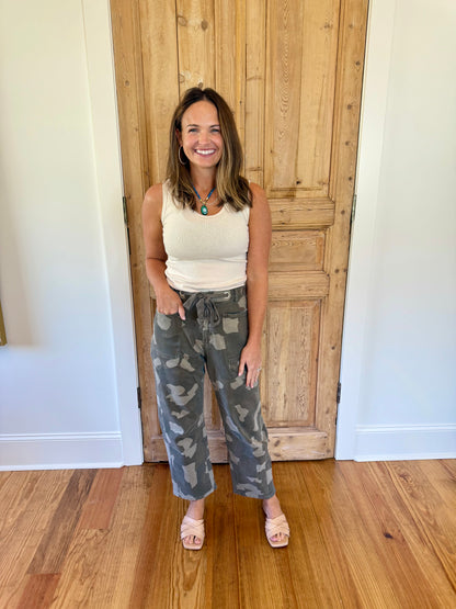 Belted Camouflage Print Pants