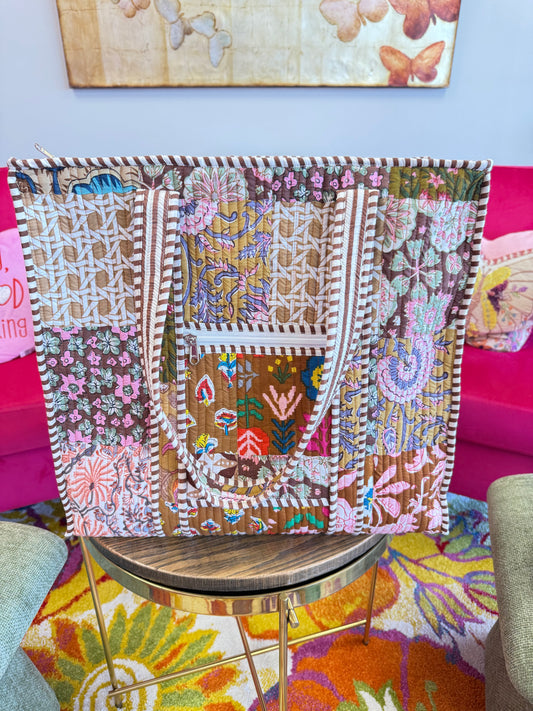 Large Quilted Tote Bag - Brown Patchwork