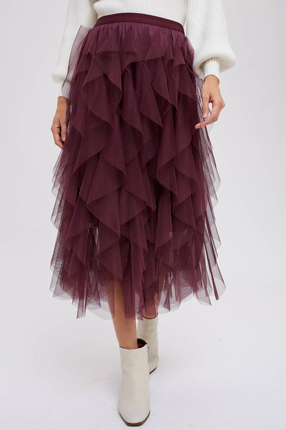 SPRIAL RUFFLED TULLE MIDI SKIRT: PLUM