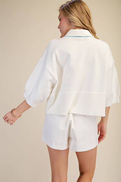 Collar With Contrast Trim Loose Fit Dropped Shoulder Sweater