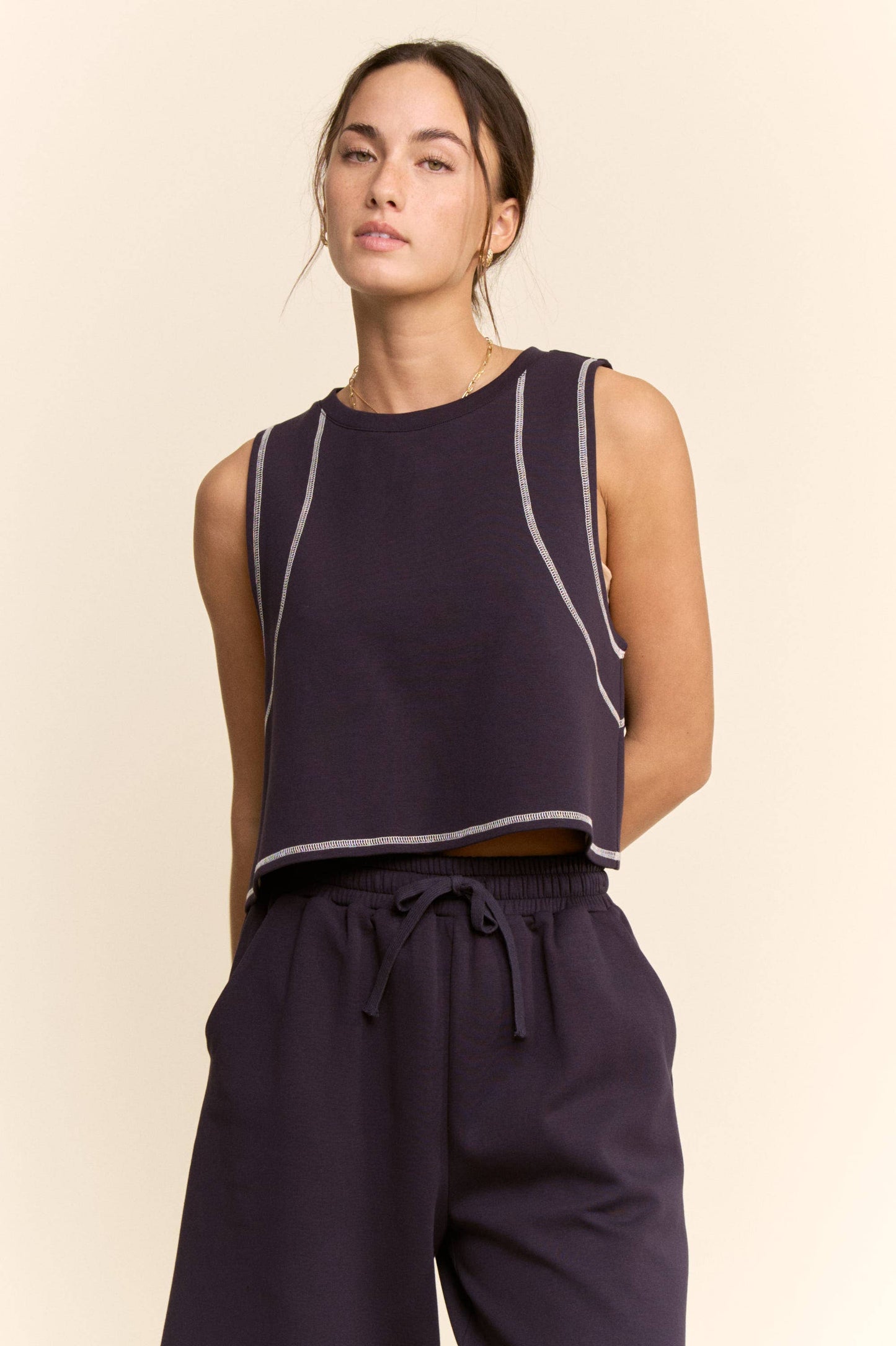 CONTRAST STITCHES TOP ELASTIC WAIST PANTS SET