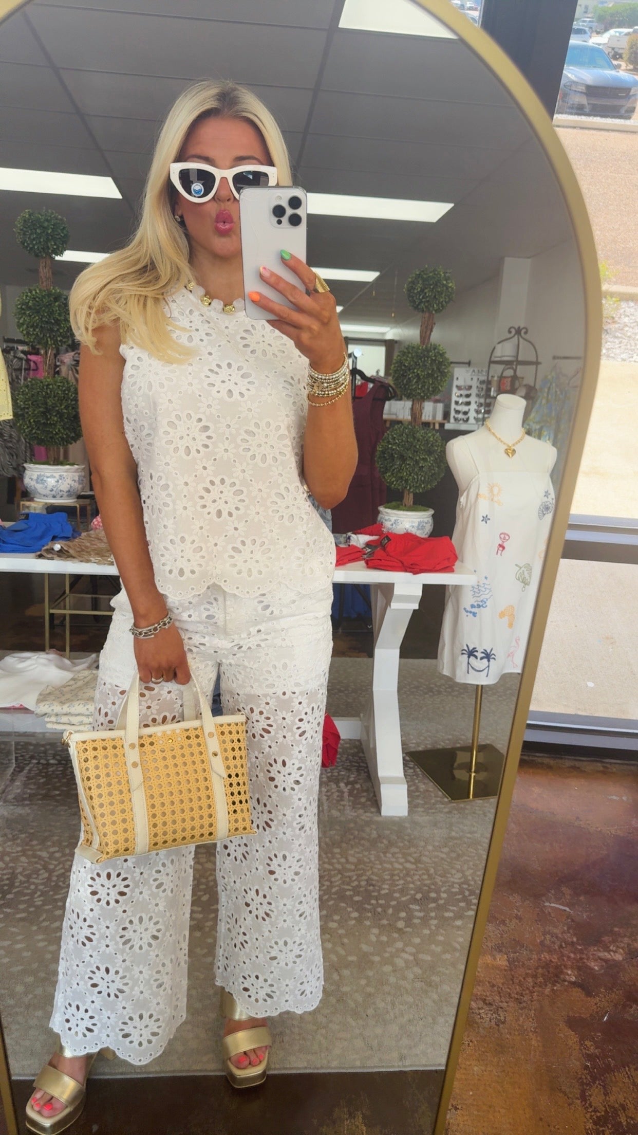 Floral Eyelet Lace Top & Wide Leg Cropped Pants