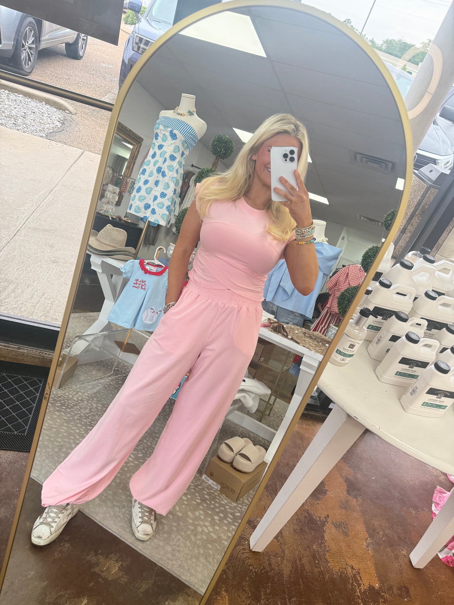 Sky Crossover Top & Wide Leg Pants Set - Pink