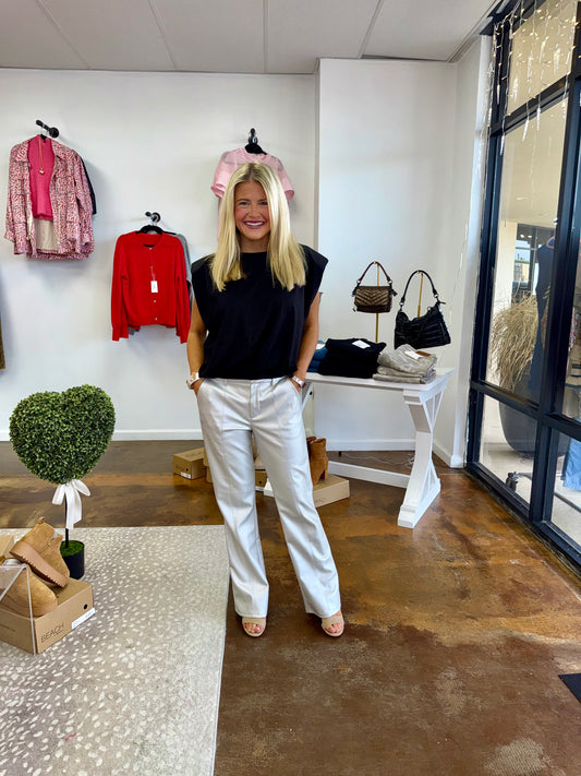 Metallic Faux Leather Straight-Flare Leg Pants