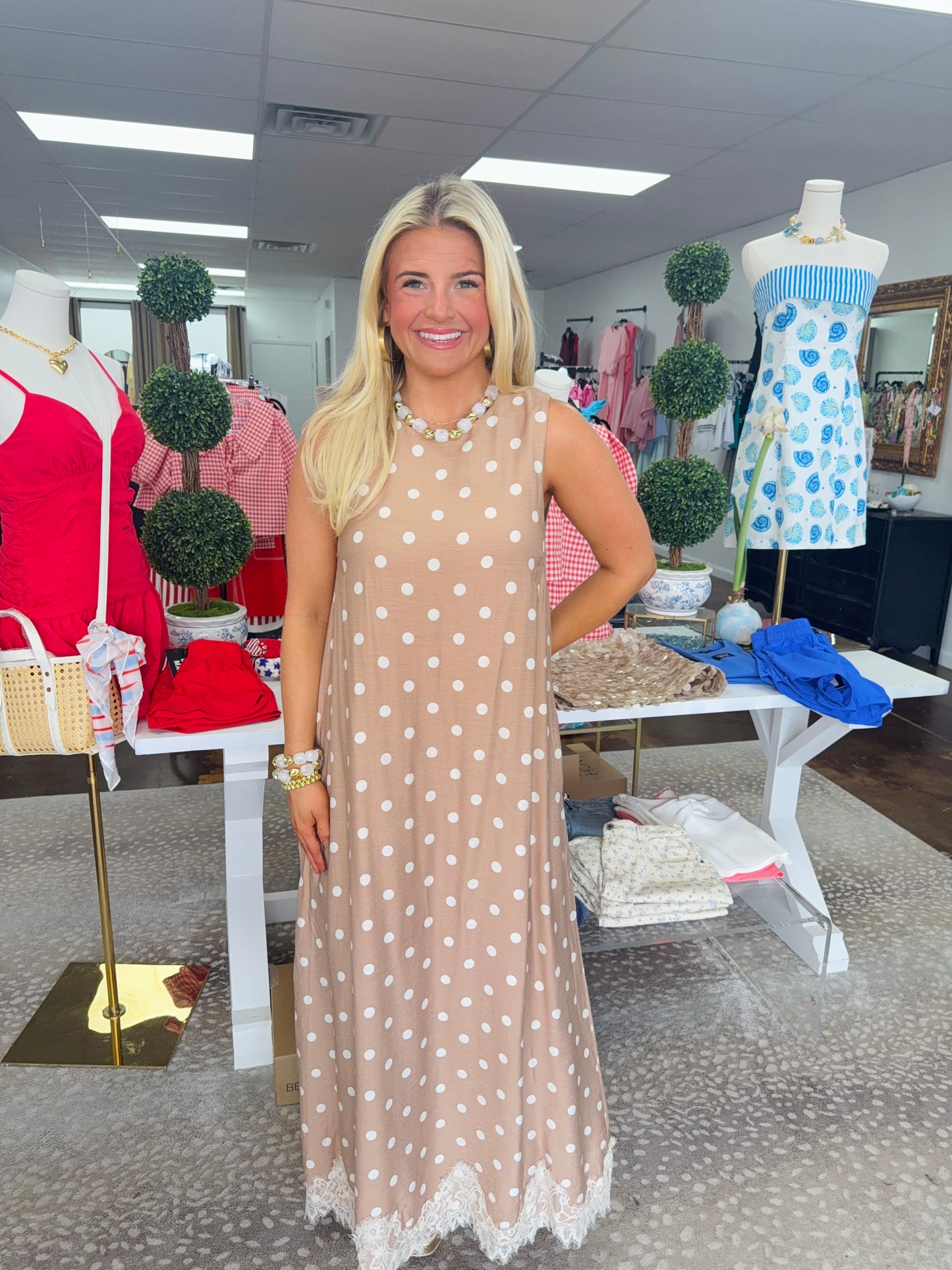 Cam Polka Dot Maxi Dress with Lace Trim