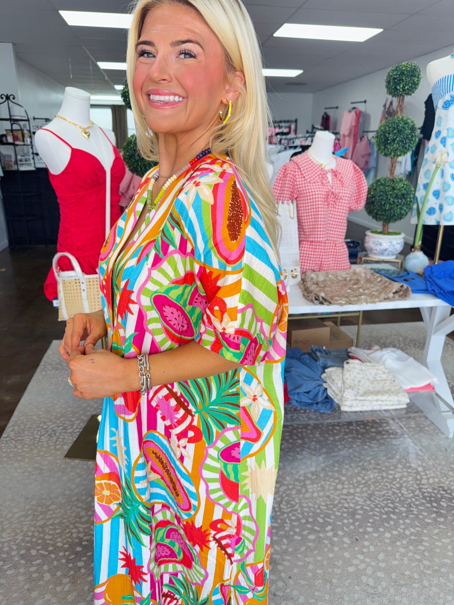 Island Fruit Gauze V- Neck Maxi Dress