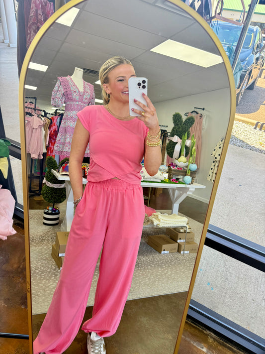 Sky Crossover Top & Wide Leg Pants Set - Pink