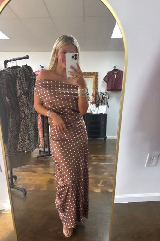 Woven Polyester Satin Polka Dot Cowl Neck Maxi Dress