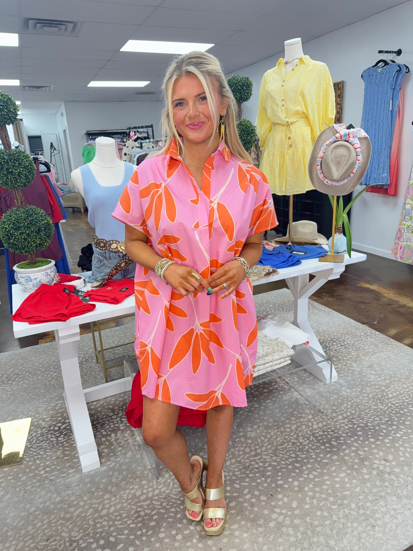 Palm Leaf Floral VNeck Signature Shirt Dress
