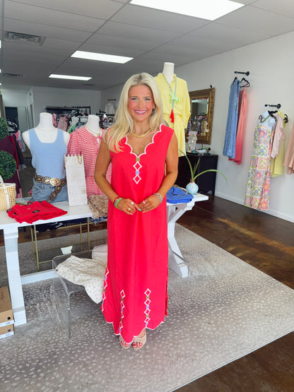 Solid V-Neck Scallop Maxi Dress with Embroidery