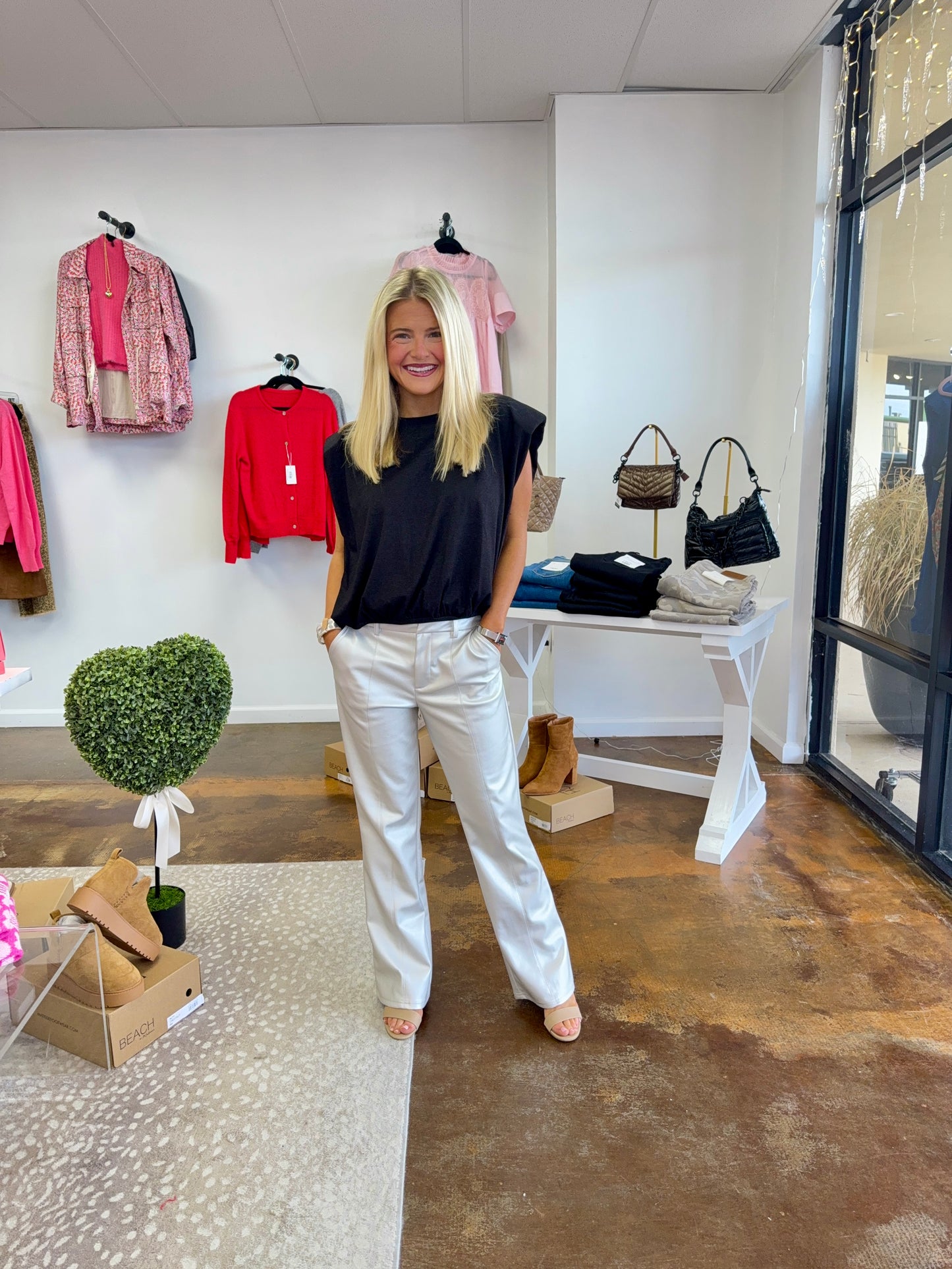 Metallic Faux Leather Straight-Flare Leg Pants