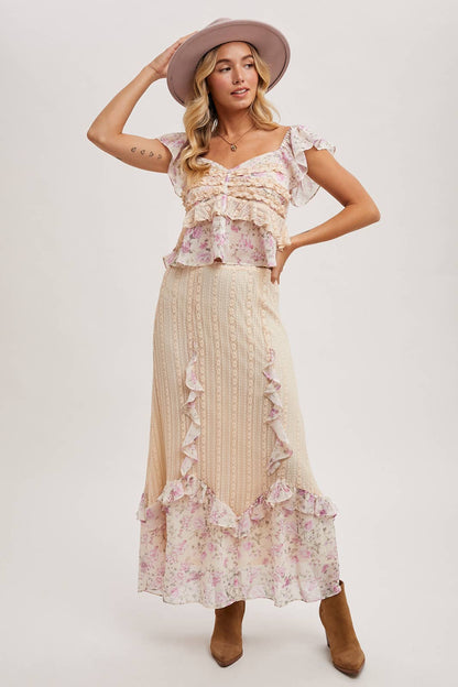 FLORAL PRINT RUFFLE with LACE TRIM- SKIRT SET