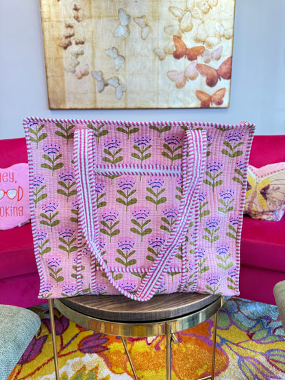 Large Quilted Tote Bag - Light Pink Flowers