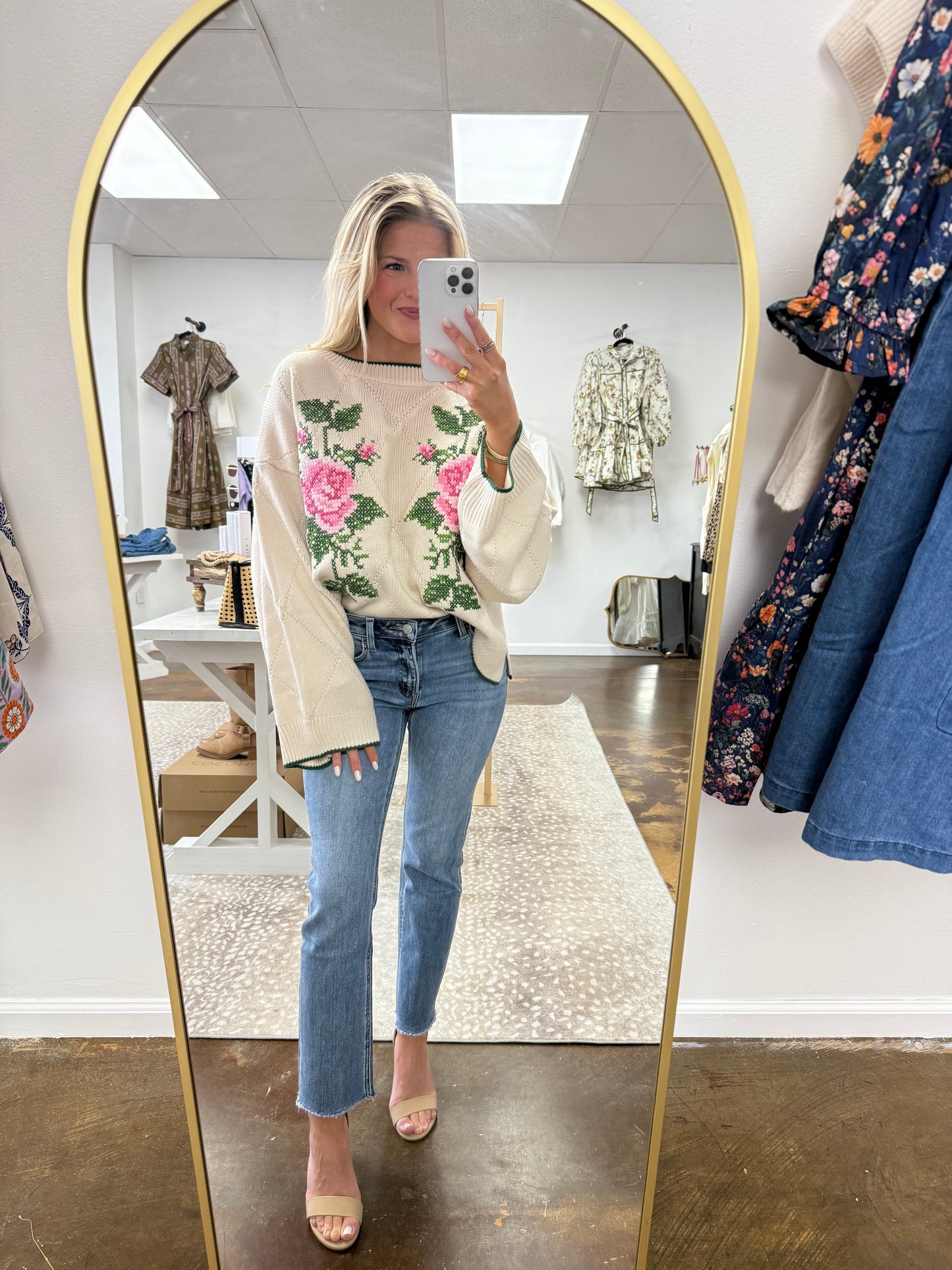 Rose Embroidery Jacquard Knit Sweater