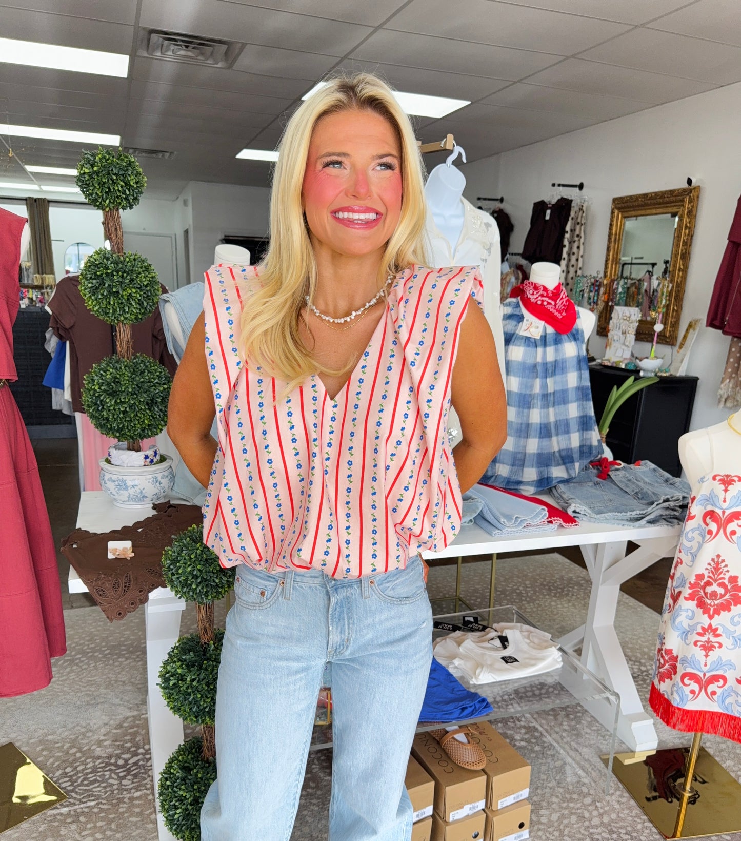 Stripe V-Neck Bubble Top - Pink Ditzy Floral