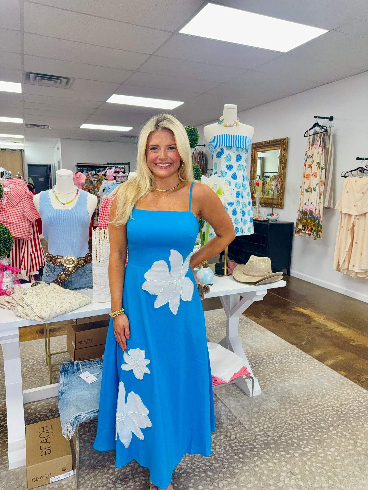 Calypso Pearl Appliqué Linen Midi