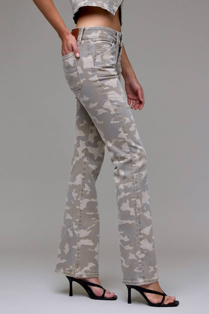 Tan Camo Double Waistband Low Rise Bootcut