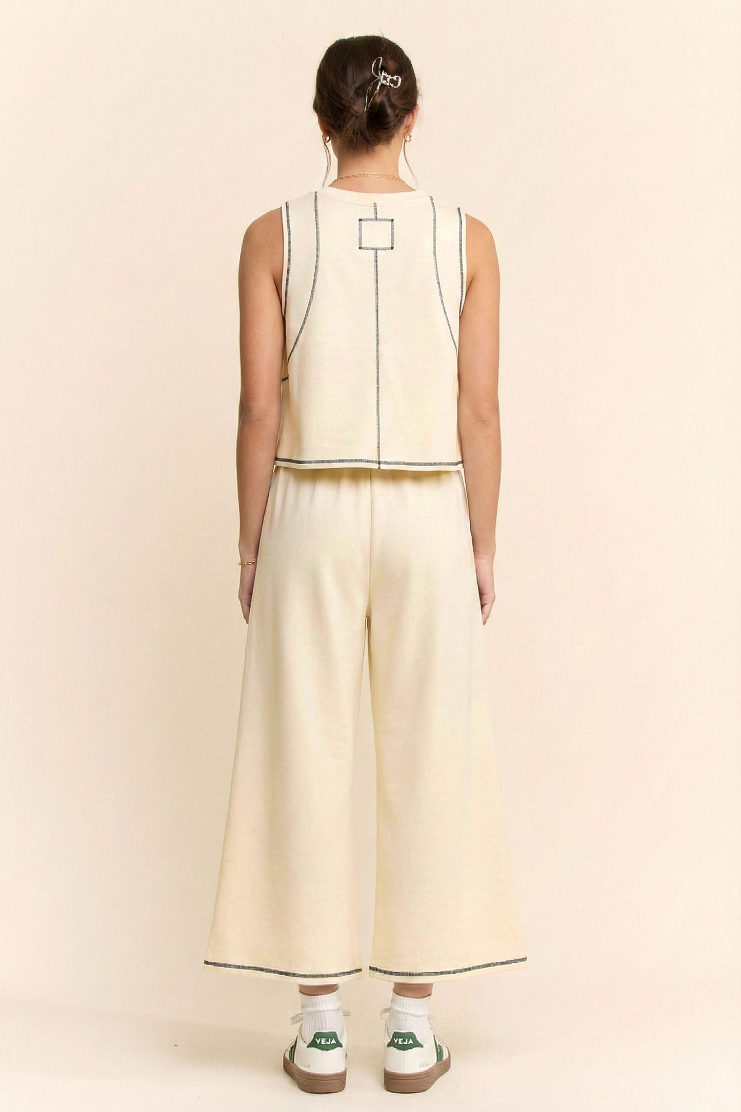 CONTRAST STITCHES TOP ELASTIC WAIST PANTS SET