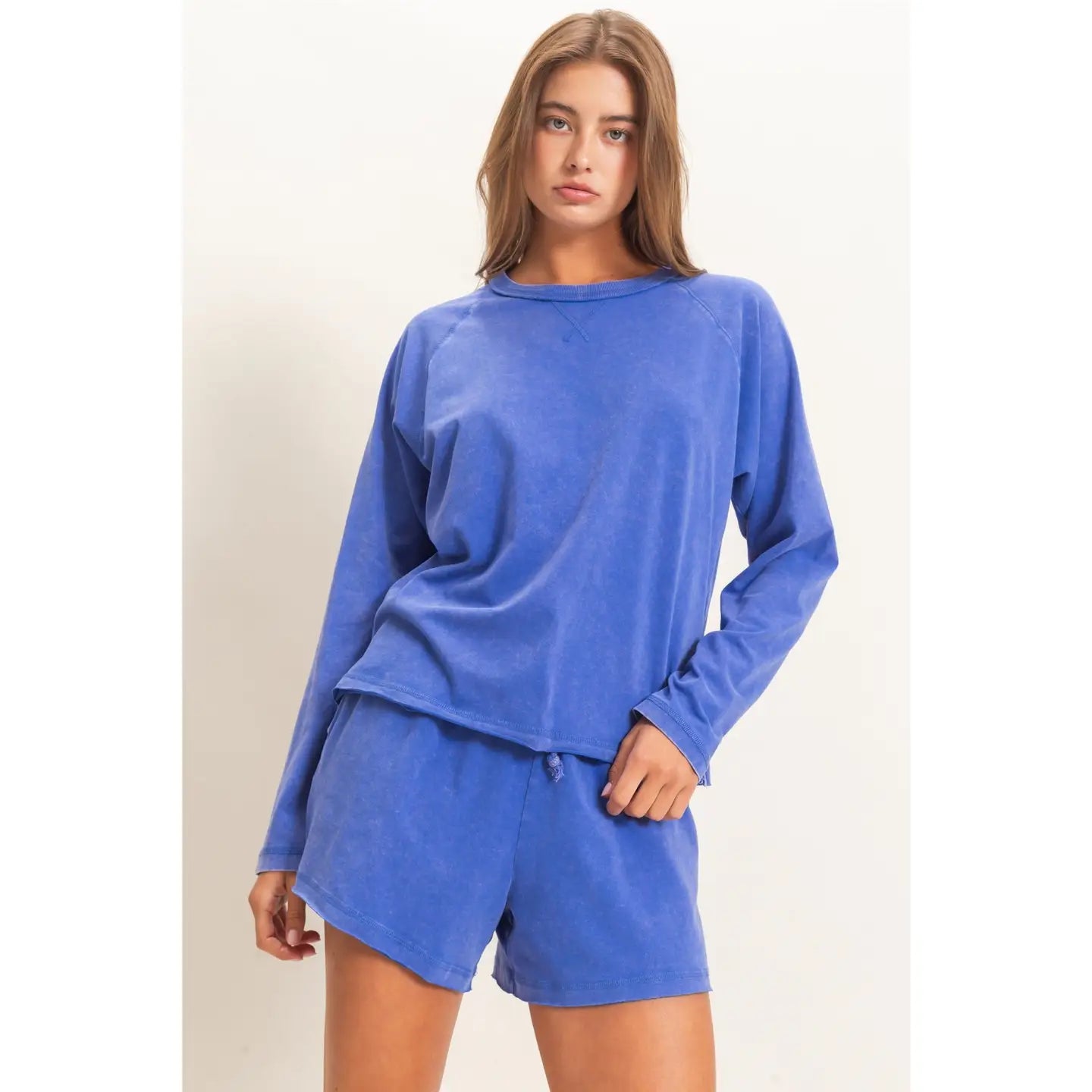 Mineral Wash Long Sleeve Raw Edge Top & Shorts Set - Cobalt
