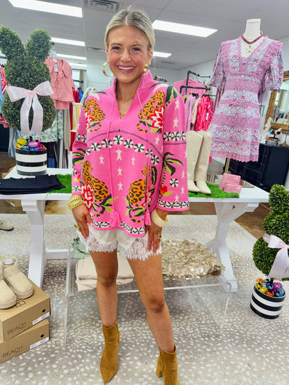 Front Neck Tie Print Knit Sweater