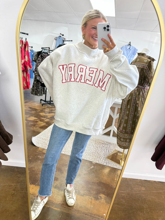 Merry Embroidered Mock Neck Sweatshirt