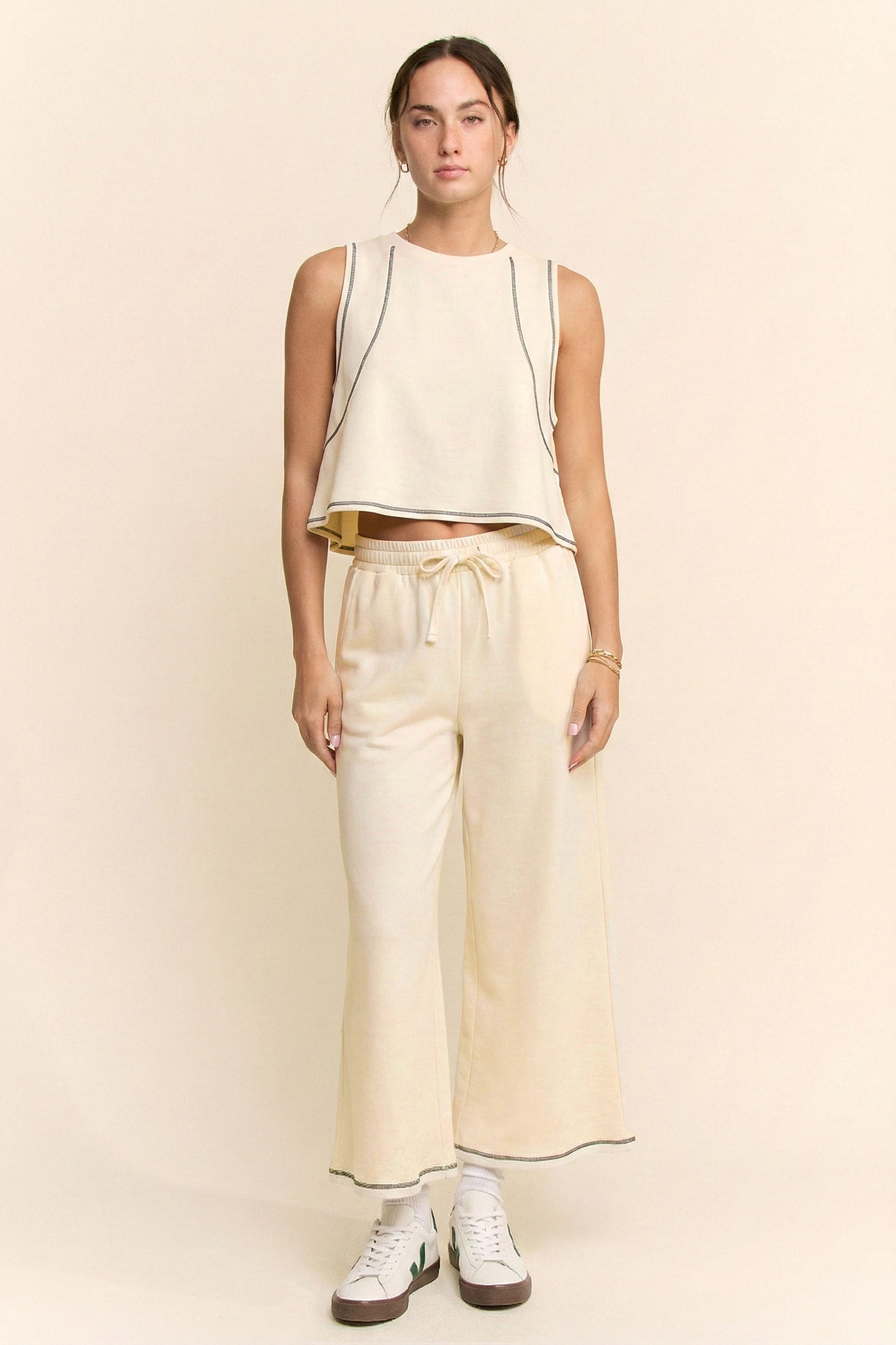 CONTRAST STITCHES TOP ELASTIC WAIST PANTS SET