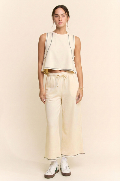 CONTRAST STITCHES TOP ELASTIC WAIST PANTS SET