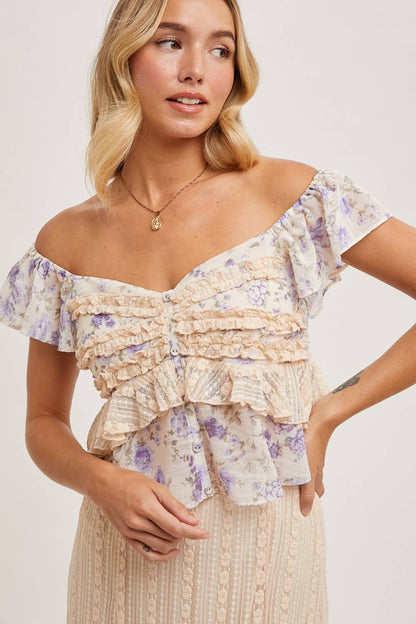 FLORAL PRINT RUFFLE with LACE TRIM- SKIRT SET