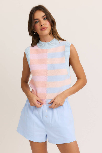 SLEEVELESS MOCK NECK COLOR BLOCK SWEATER