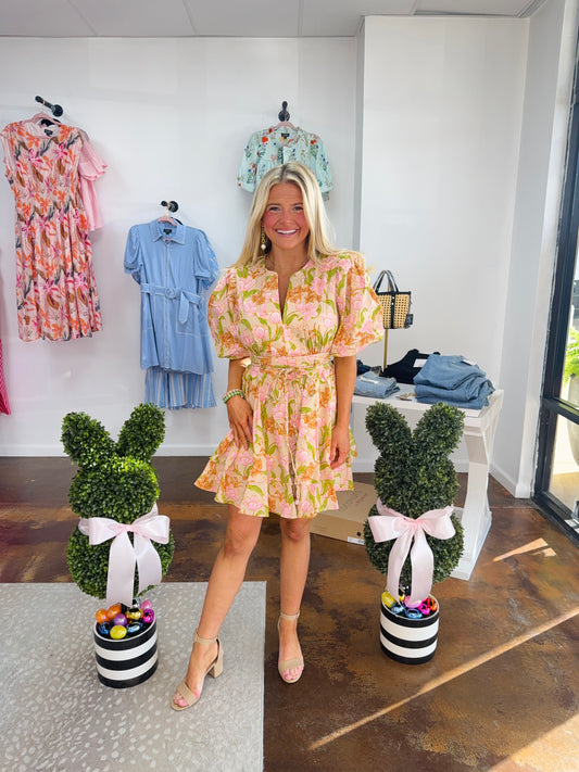 Flower Print Puff Sleeve Mini Dress