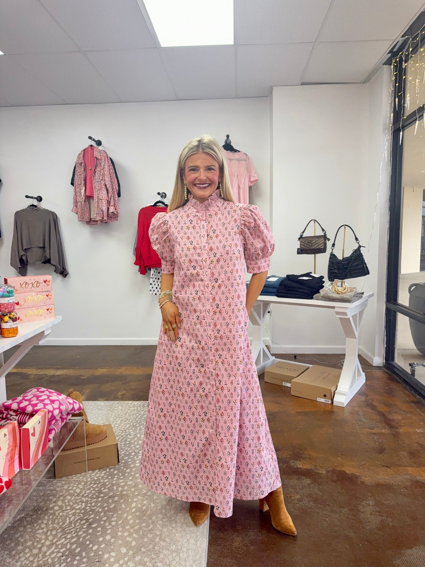 Floral Print High Ruffled Mock Neck Button Down Maxi