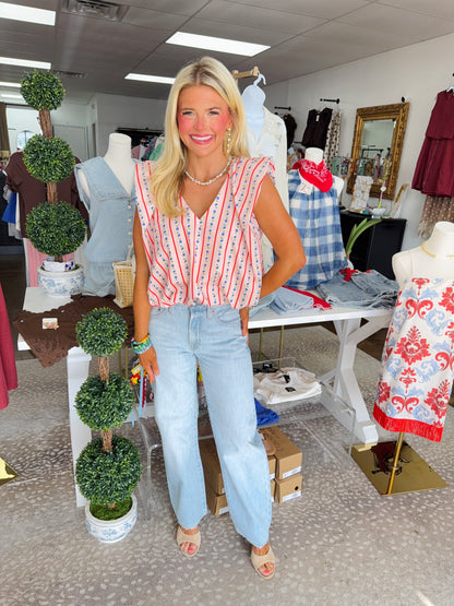 Stripe V-Neck Bubble Top - Pink Ditzy Floral