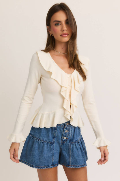 LONG SLEEVE V-NECK RUFFLED SWEATER