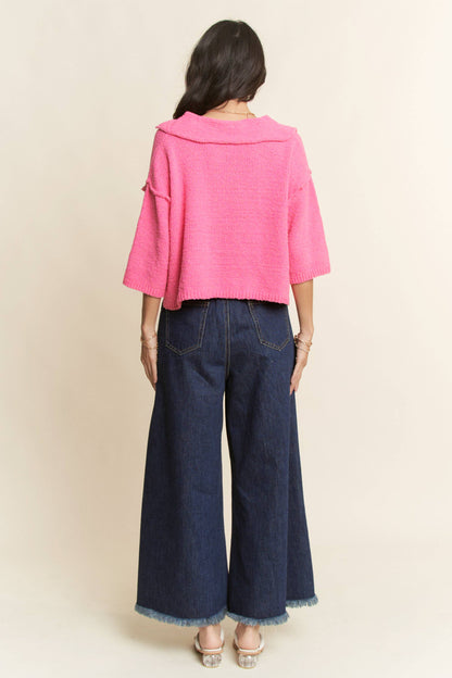 Textured Sweater Knit Knotched V-Neck Top