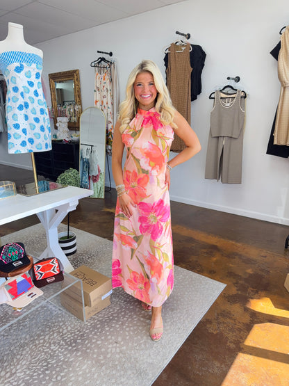 Floral Print Halter Neck Midi Dress