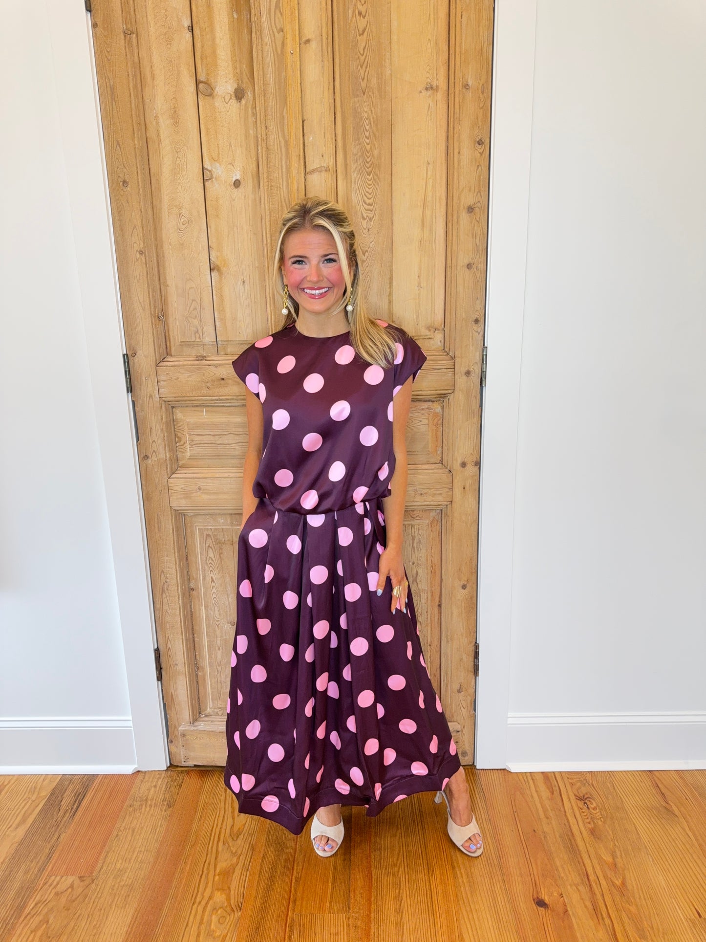 Tracy Polkadot Blouse & Midi Skirt Set with Bubble Hem