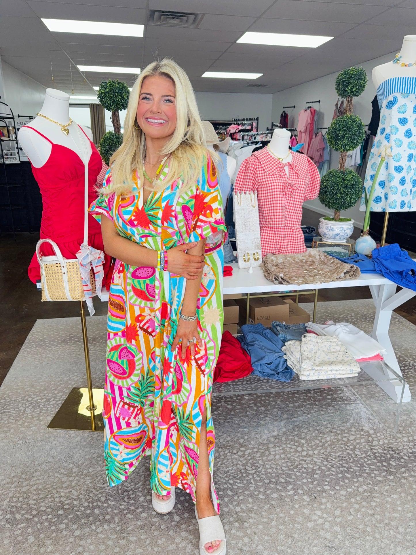 Island Fruit Gauze V- Neck Maxi Dress